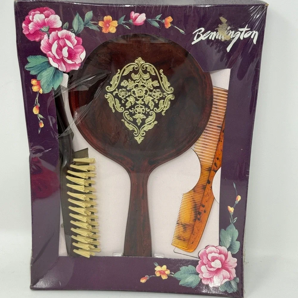Bennington Brush Co 3 Piece Dresser Set Mirror Brush Comb Tortoise Gold Filigree